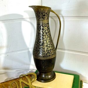 Vintage black detailed brass pitcher vase